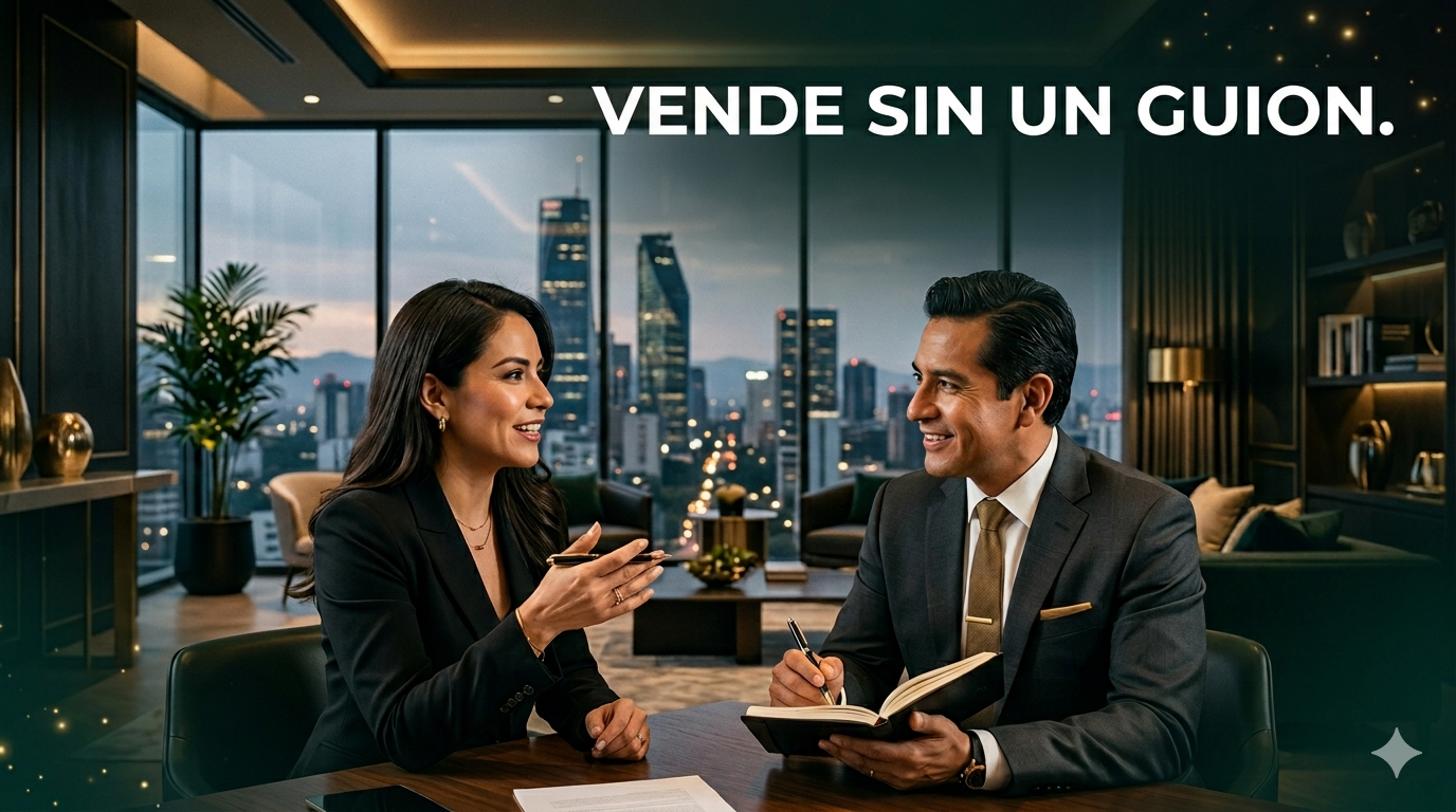 Vendedor conversando de forma natural con cliente, sin guion, mostrando escucha activa y conexión humana en una reunión comercial